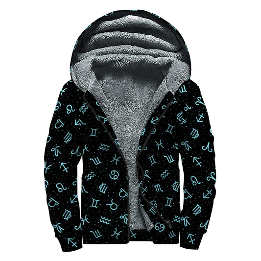 Blue Zodiac Symbols Pattern Print Sherpa Lined Zip Up Hoodie