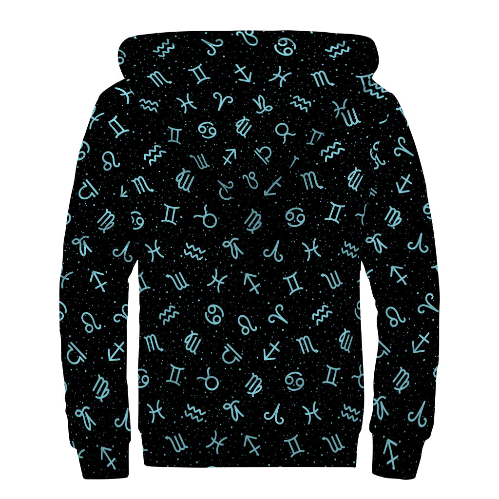Blue Zodiac Symbols Pattern Print Sherpa Lined Zip Up Hoodie