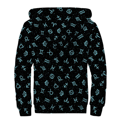 Blue Zodiac Symbols Pattern Print Sherpa Lined Zip Up Hoodie