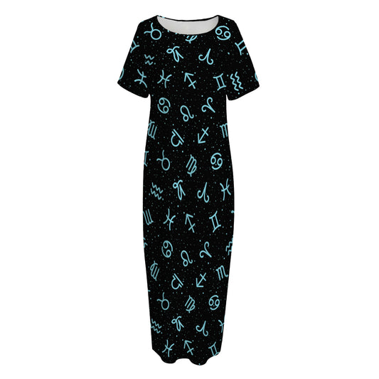 Blue Zodiac Symbols Pattern Print Short Sleeve Long Nightdress