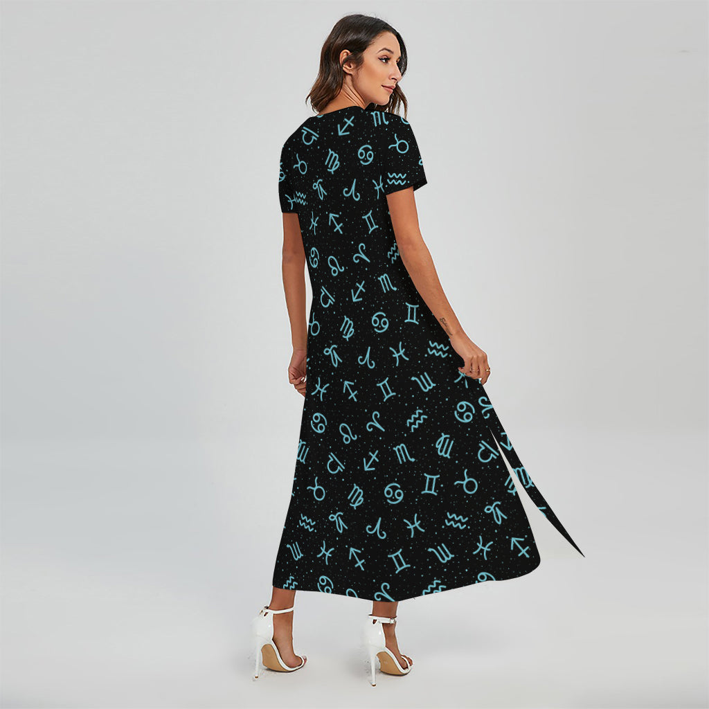 Blue Zodiac Symbols Pattern Print Short Sleeve Maxi Dress