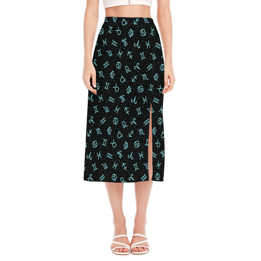 Blue Zodiac Symbols Pattern Print Side Slit Midi Skirt
