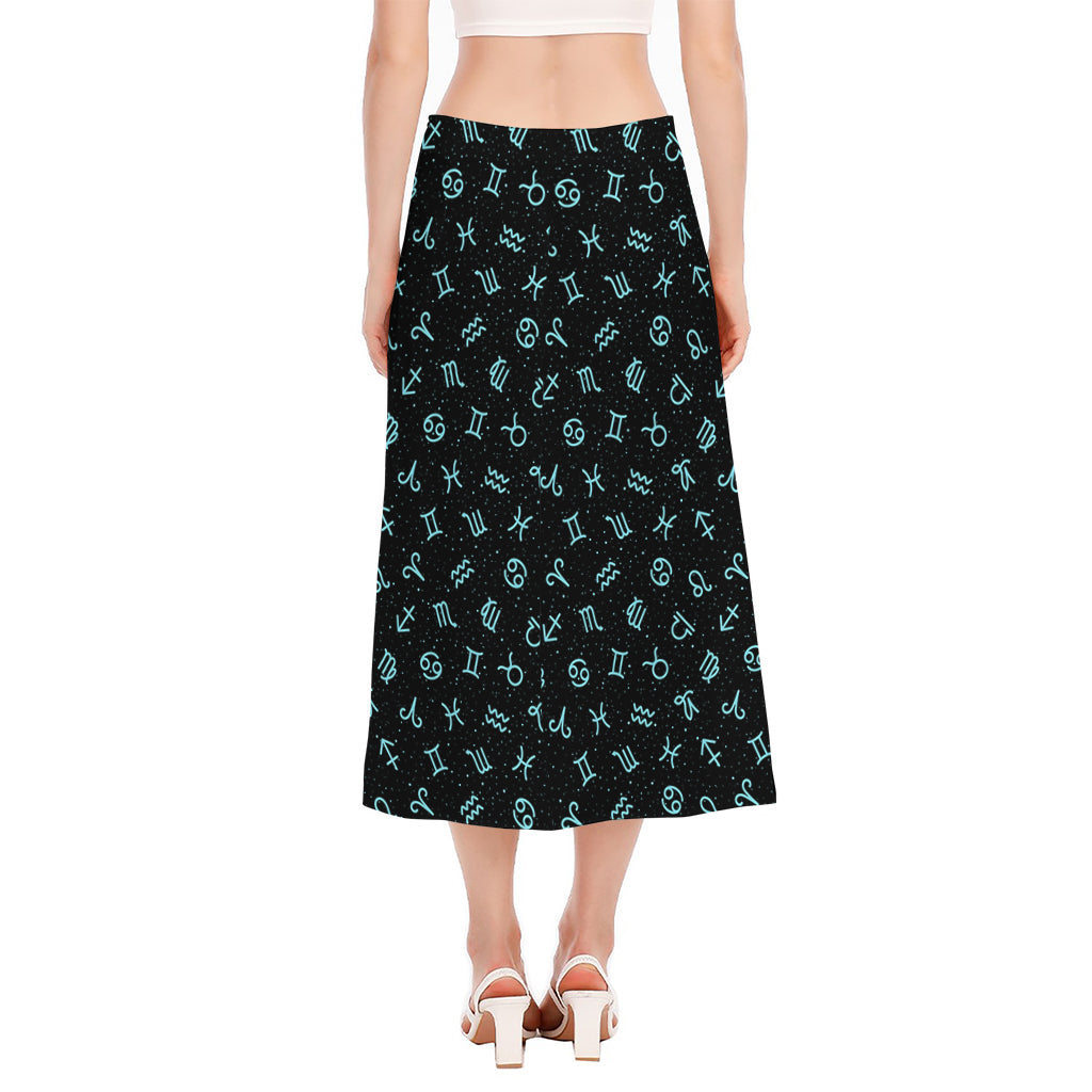 Blue Zodiac Symbols Pattern Print Side Slit Midi Skirt
