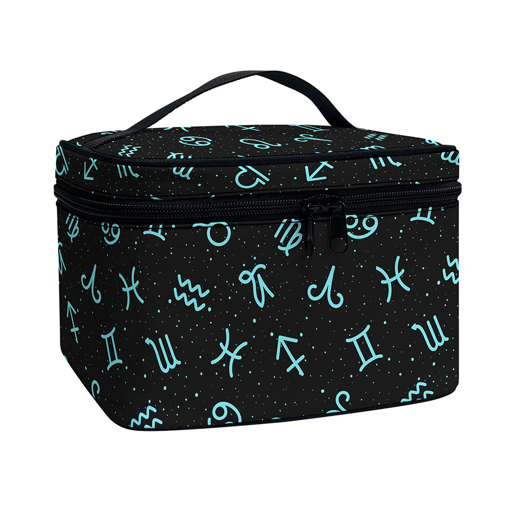 Blue Zodiac Symbols Pattern Print Travel Makeup Bag