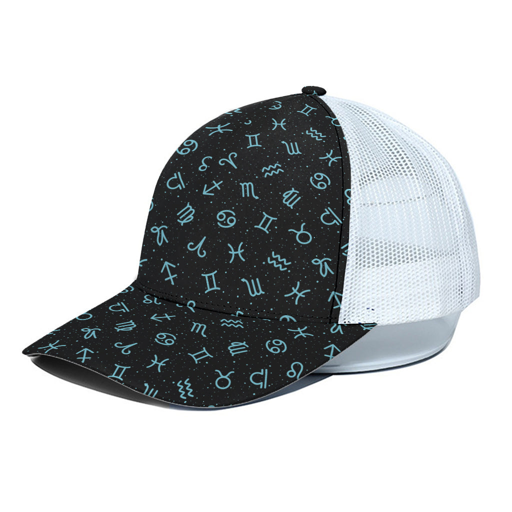 Blue Zodiac Symbols Pattern Print White Mesh Trucker Cap