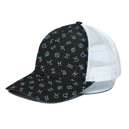Blue Zodiac Symbols Pattern Print White Mesh Trucker Cap