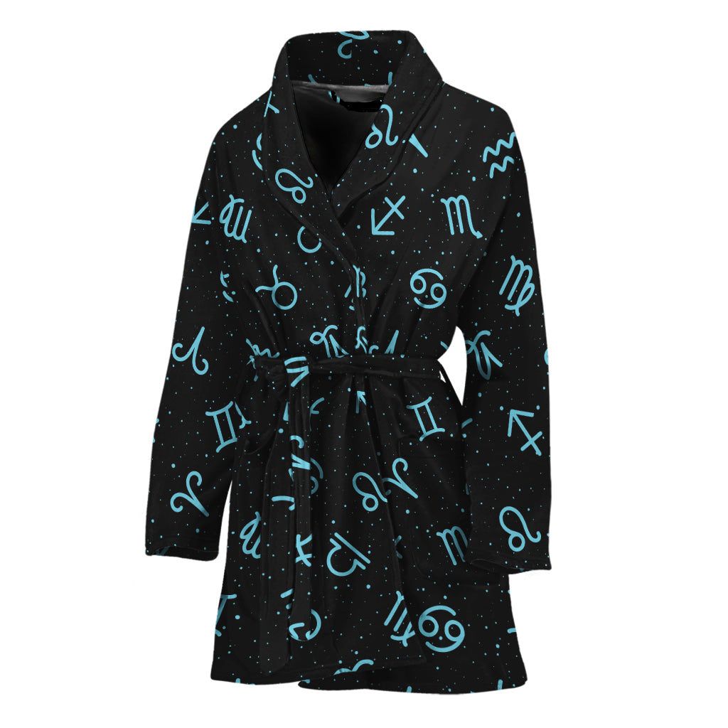 Blue Zodiac Symbols Pattern Print Women's Bathrobe