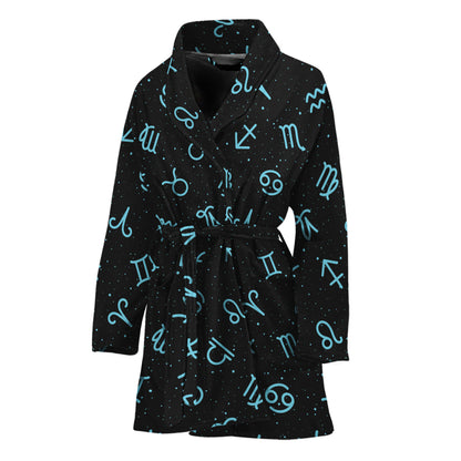 Blue Zodiac Symbols Pattern Print Women's Bathrobe