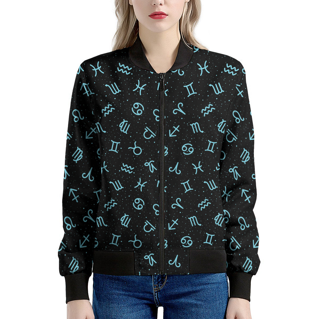 Blue Zodiac Symbols Pattern Print Women's Bomber Jacket