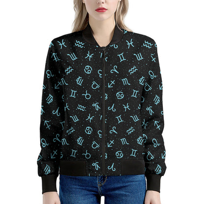 Blue Zodiac Symbols Pattern Print Women's Bomber Jacket