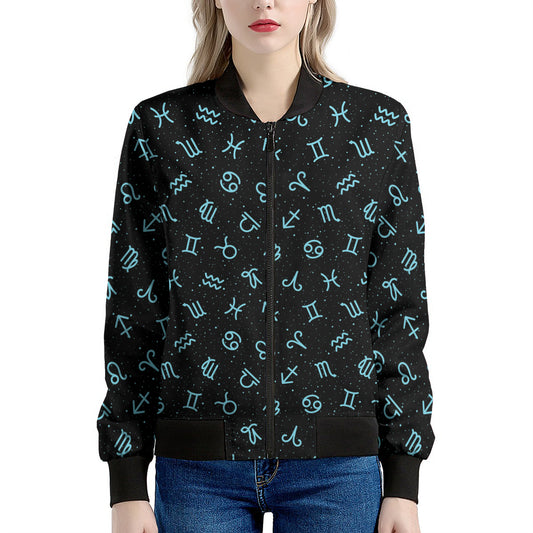 Blue Zodiac Symbols Pattern Print Women's Bomber Jacket
