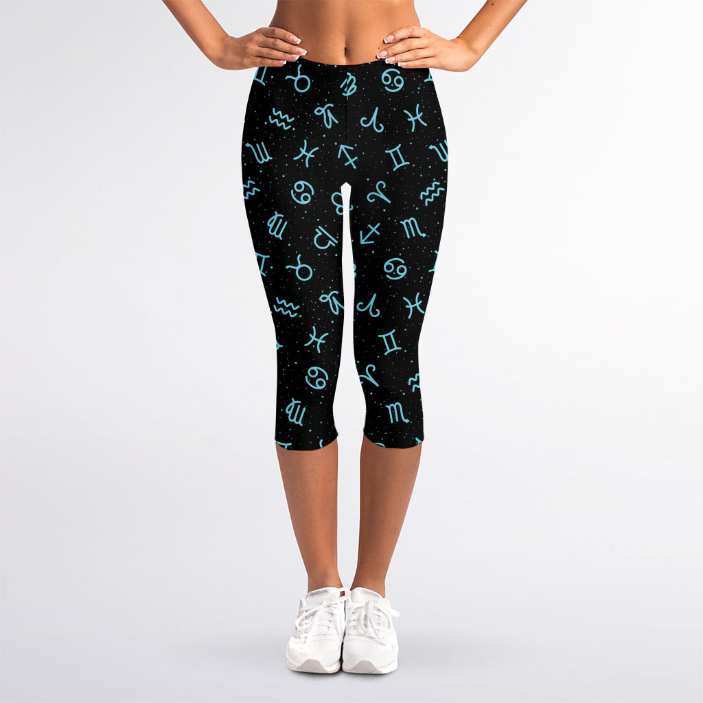 Blue Zodiac Symbols Pattern Print Women's Capri Leggings