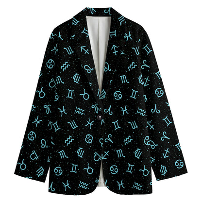 Blue Zodiac Symbols Pattern Print Women's Cotton Blazer