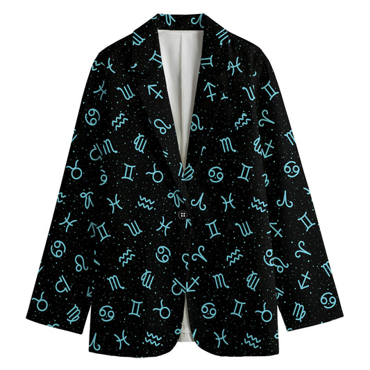 Blue Zodiac Symbols Pattern Print Women's Cotton Blazer