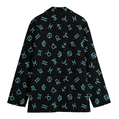 Blue Zodiac Symbols Pattern Print Women's Cotton Blazer