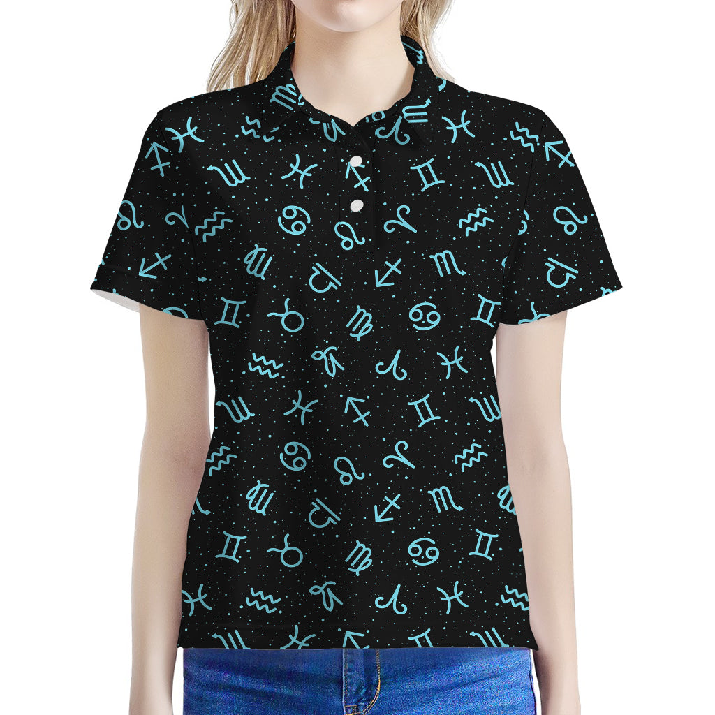 Blue Zodiac Symbols Pattern Print Women's Polo Shirt