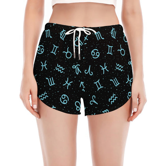 Blue Zodiac Symbols Pattern Print Women's Split Running Shorts