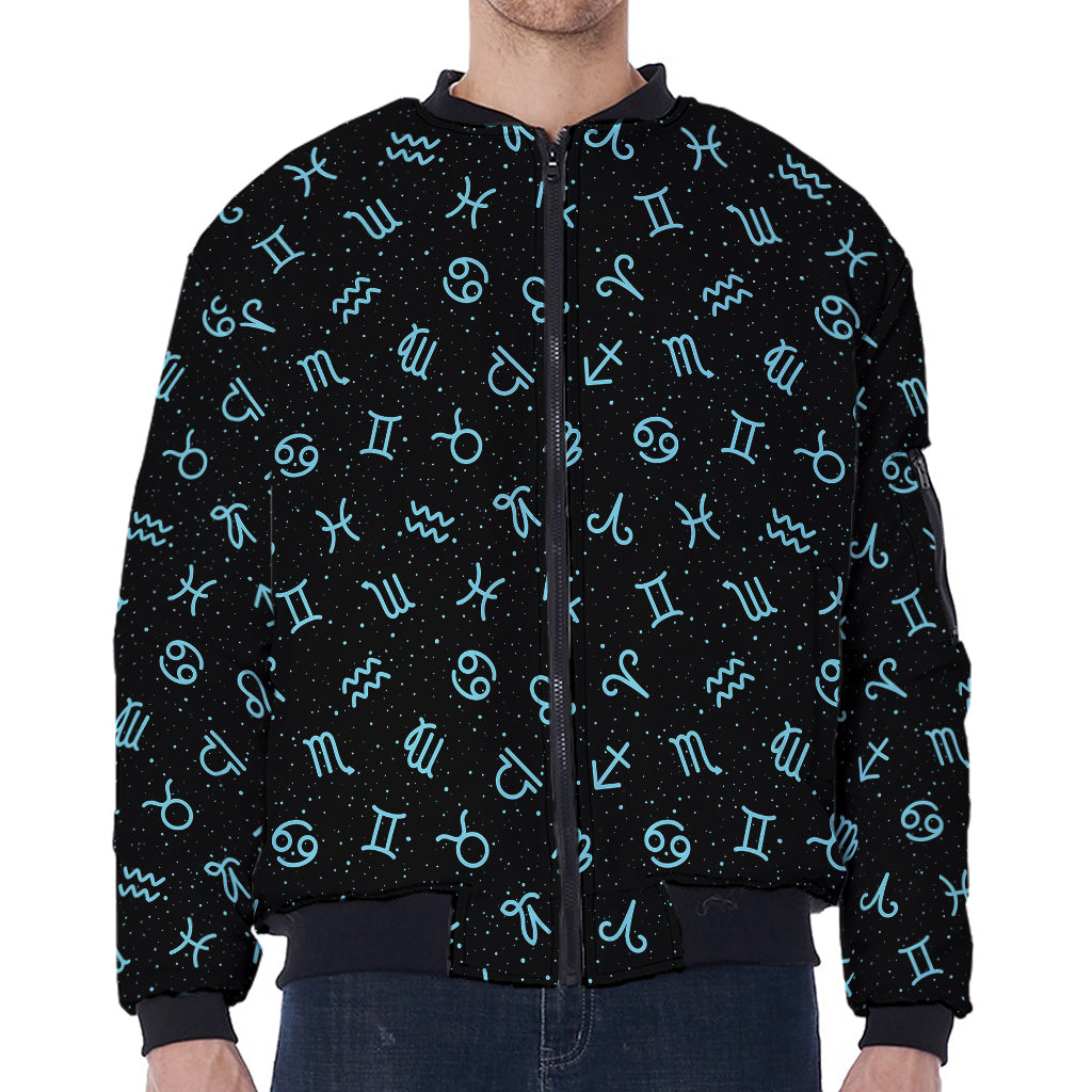 Blue Zodiac Symbols Pattern Print Zip Sleeve Bomber Jacket