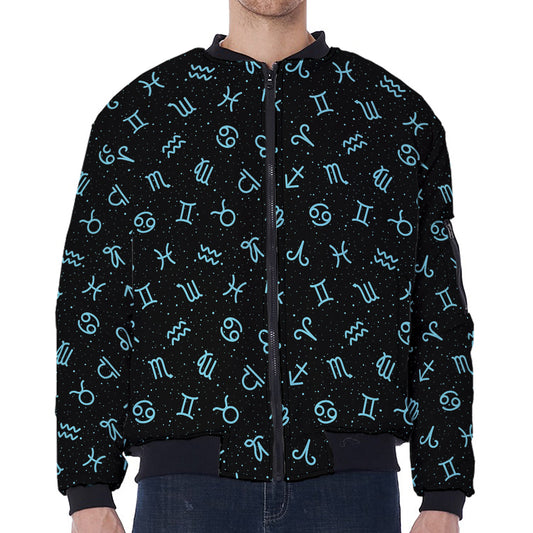Blue Zodiac Symbols Pattern Print Zip Sleeve Bomber Jacket