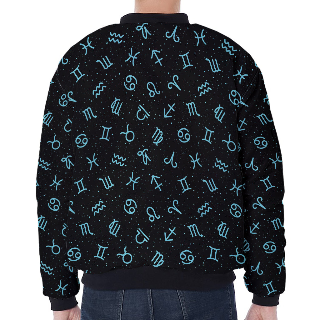 Blue Zodiac Symbols Pattern Print Zip Sleeve Bomber Jacket