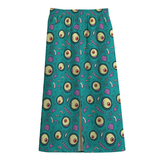 Blue Zombie Pattern Print Cotton Front Slit Maxi Skirt
