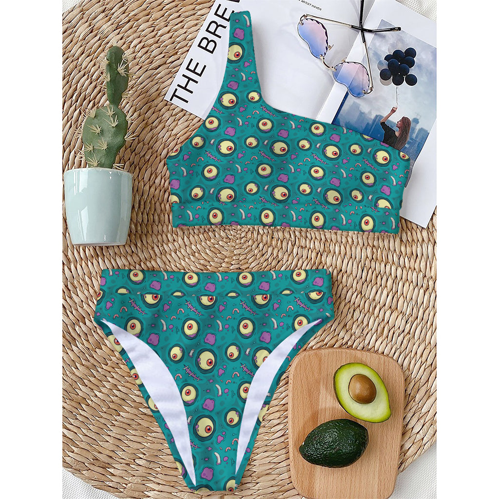 Blue Zombie Pattern Print One Shoulder Bikini Top