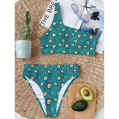 Blue Zombie Pattern Print One Shoulder Bikini Top