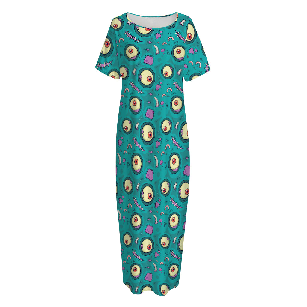 Blue Zombie Pattern Print Short Sleeve Long Nightdress