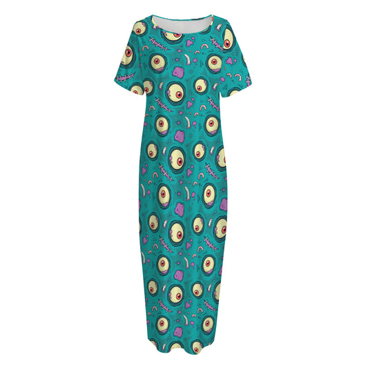 Blue Zombie Pattern Print Short Sleeve Long Nightdress