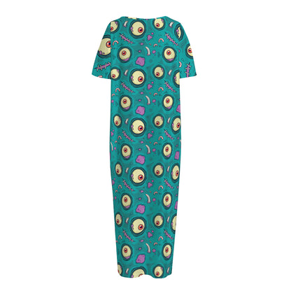 Blue Zombie Pattern Print Short Sleeve Long Nightdress