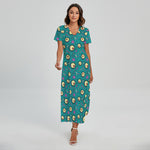 Blue Zombie Pattern Print Short Sleeve Maxi Dress