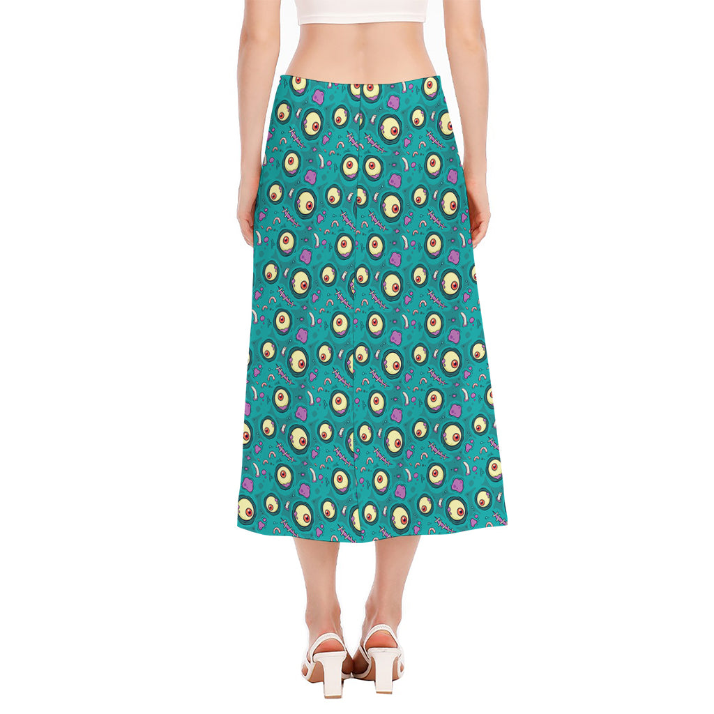 Blue Zombie Pattern Print Side Slit Midi Skirt