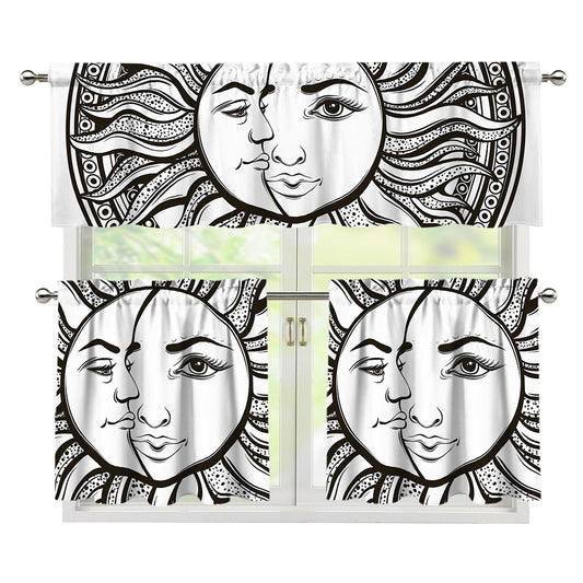 Bohemian Celestial Sun And Moon Print 3 Piece Kitchen Curtains