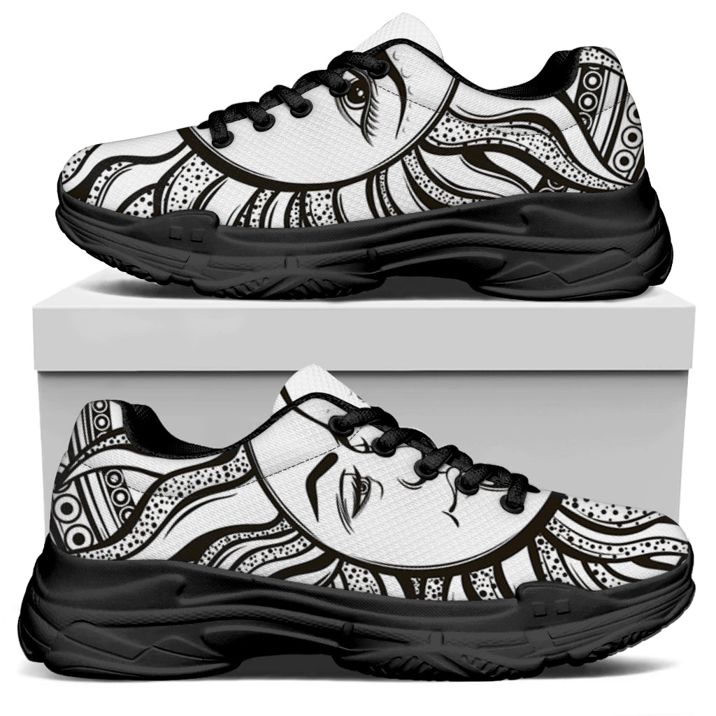 Bohemian Celestial Sun And Moon Print Black Chunky Shoes