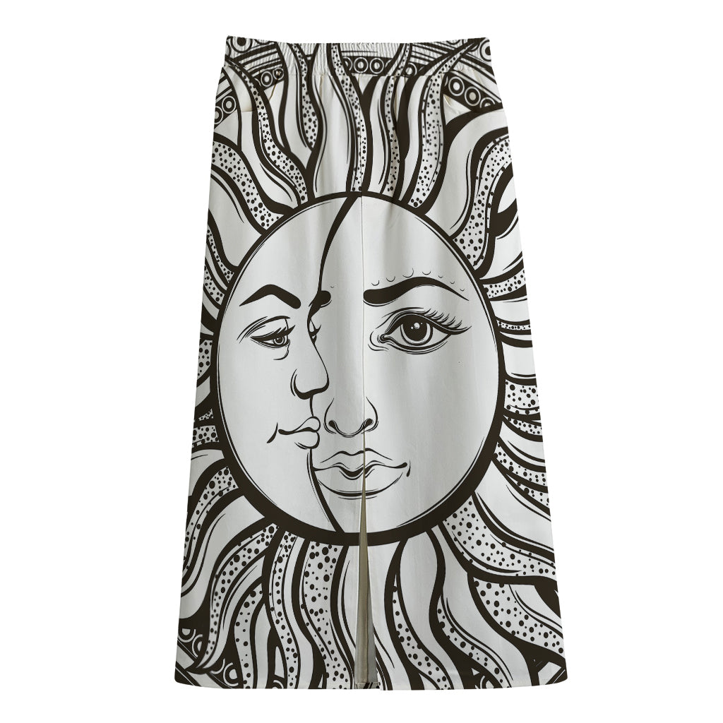 Bohemian Celestial Sun And Moon Print Cotton Front Slit Maxi Skirt