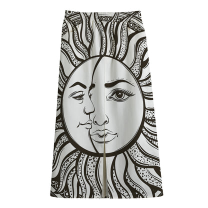 Bohemian Celestial Sun And Moon Print Cotton Front Slit Maxi Skirt