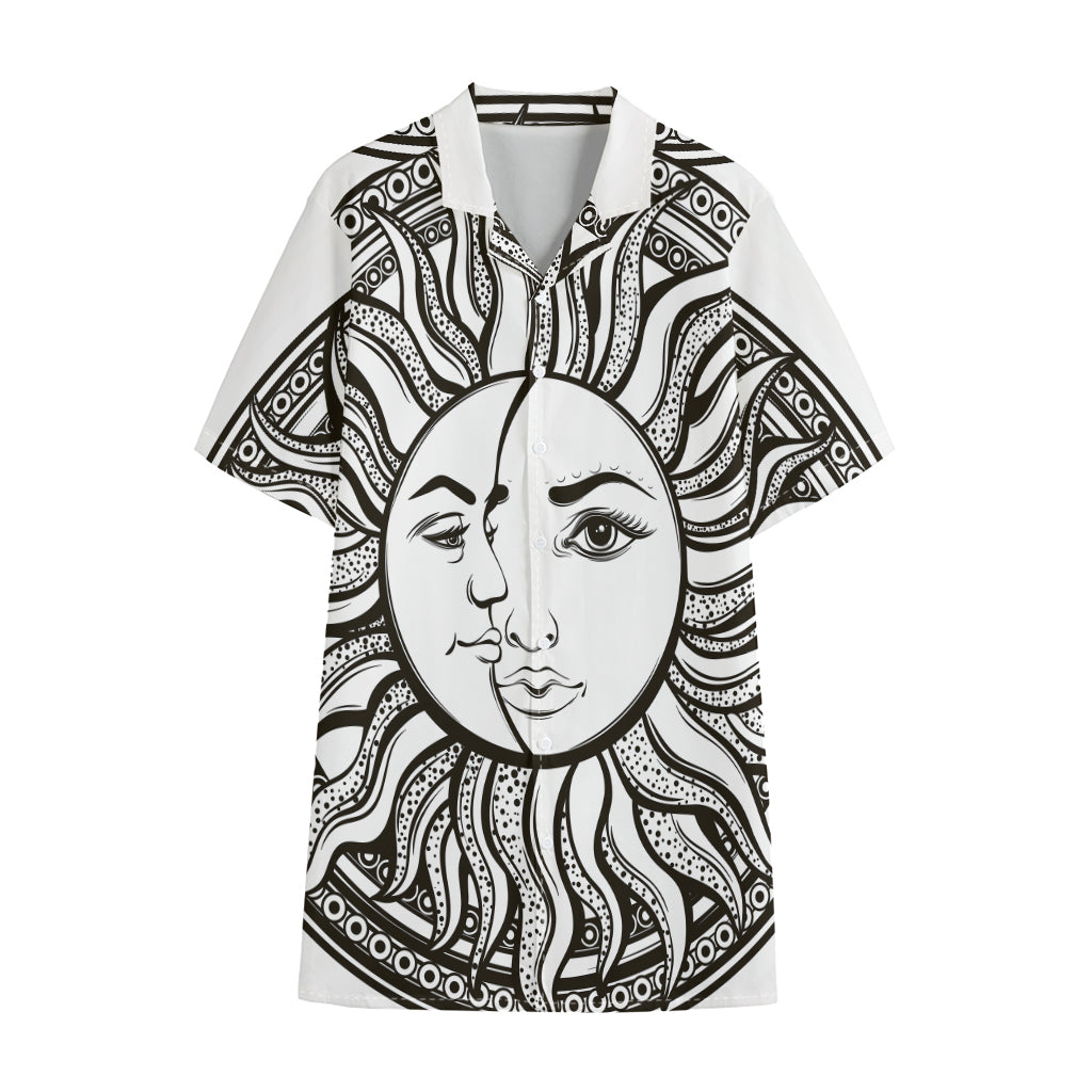 Bohemian Celestial Sun And Moon Print Cotton Hawaiian Shirt