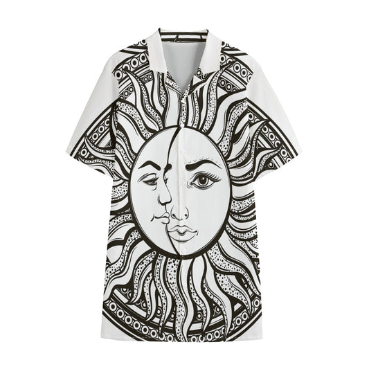 Bohemian Celestial Sun And Moon Print Cotton Hawaiian Shirt