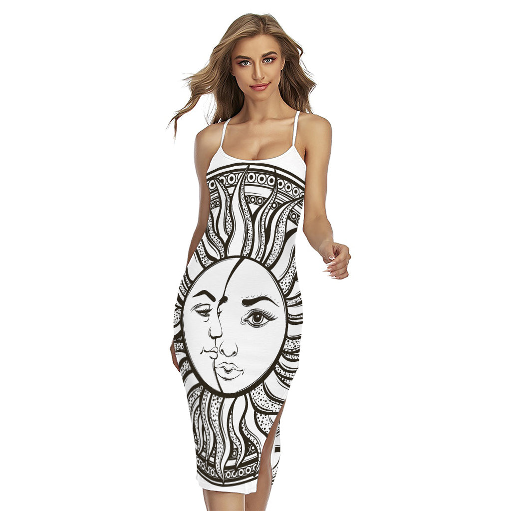 Bohemian Celestial Sun And Moon Print Cross Back Cami Dress
