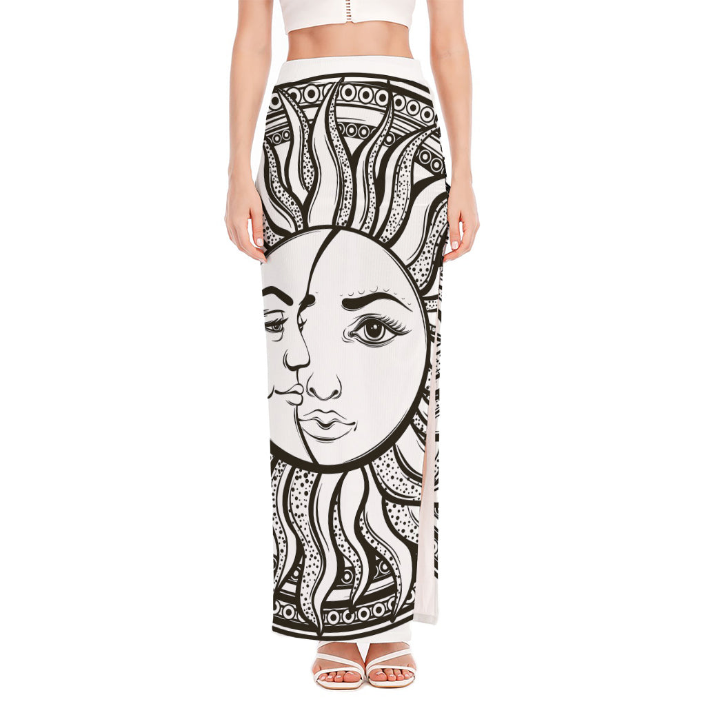 Bohemian Celestial Sun And Moon Print High Slit Maxi Skirt