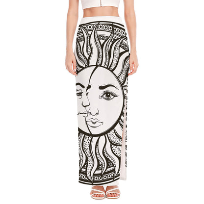 Bohemian Celestial Sun And Moon Print High Slit Maxi Skirt