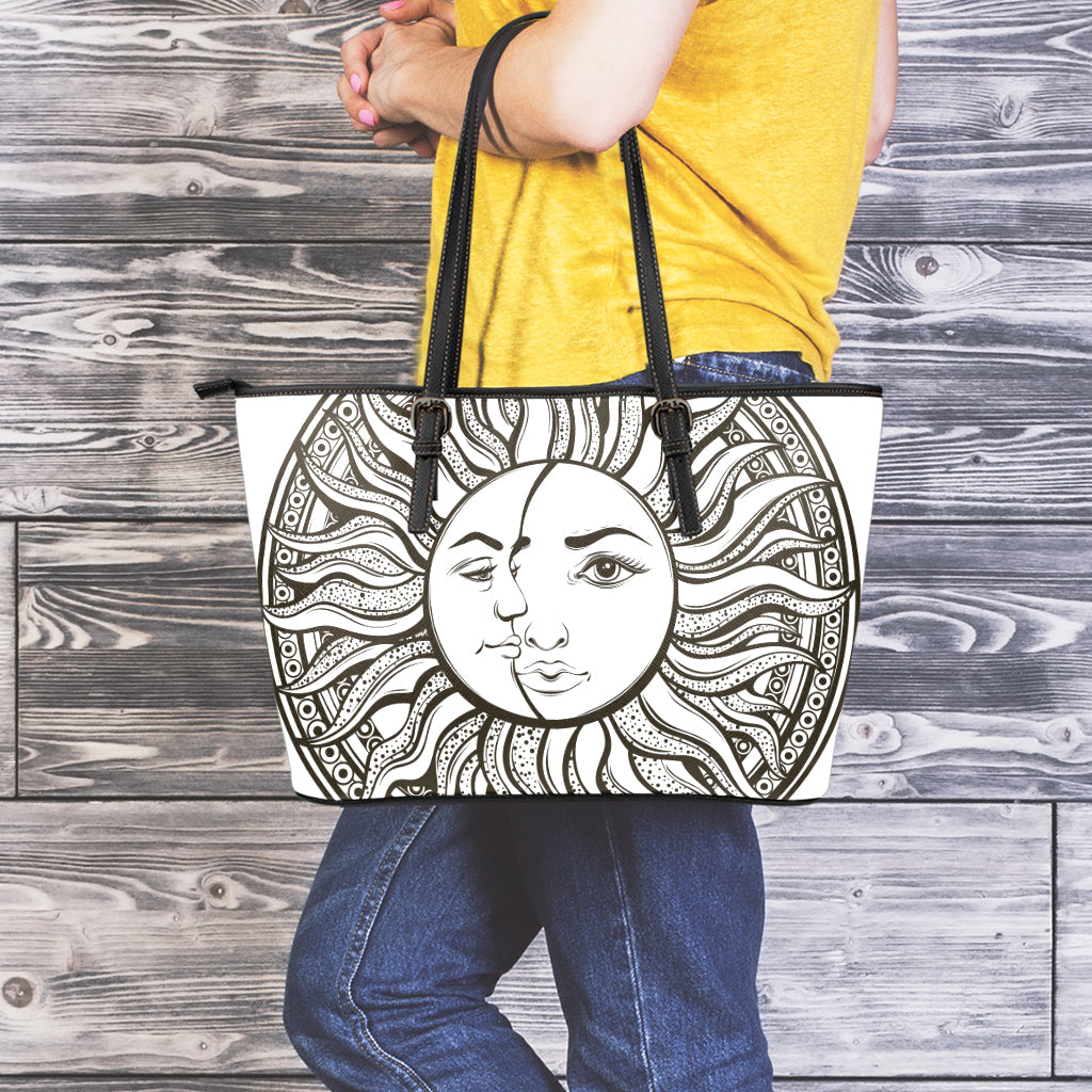 Bohemian Celestial Sun And Moon Print Leather Tote Bag
