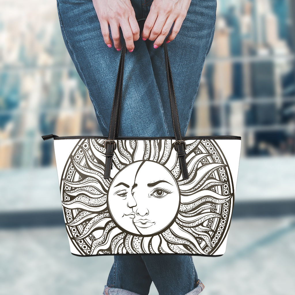 Bohemian Celestial Sun And Moon Print Leather Tote Bag