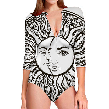 Bohemian Celestial Sun And Moon Print Long Sleeve Swimsuit