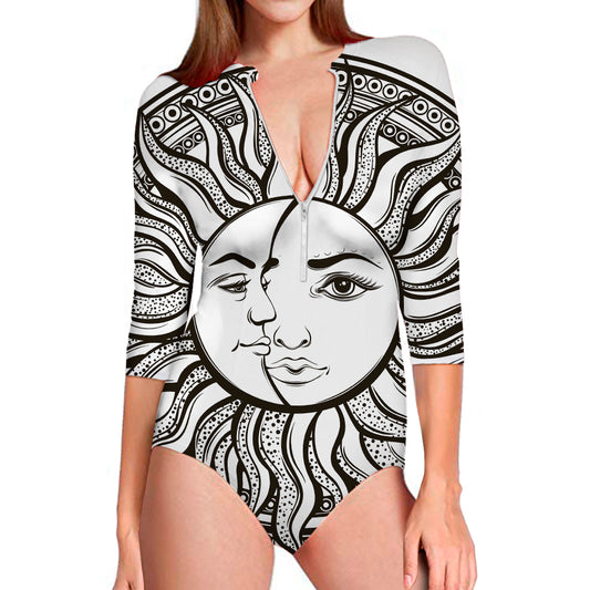 Bohemian Celestial Sun And Moon Print Long Sleeve Swimsuit