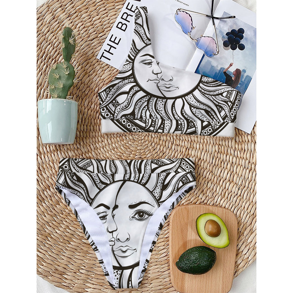 Bohemian Celestial Sun And Moon Print One Shoulder Bikini Top
