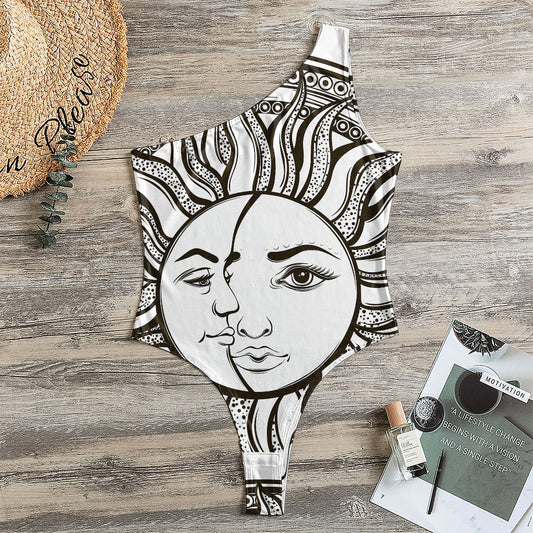 Bohemian Celestial Sun And Moon Print One Shoulder Bodysuit