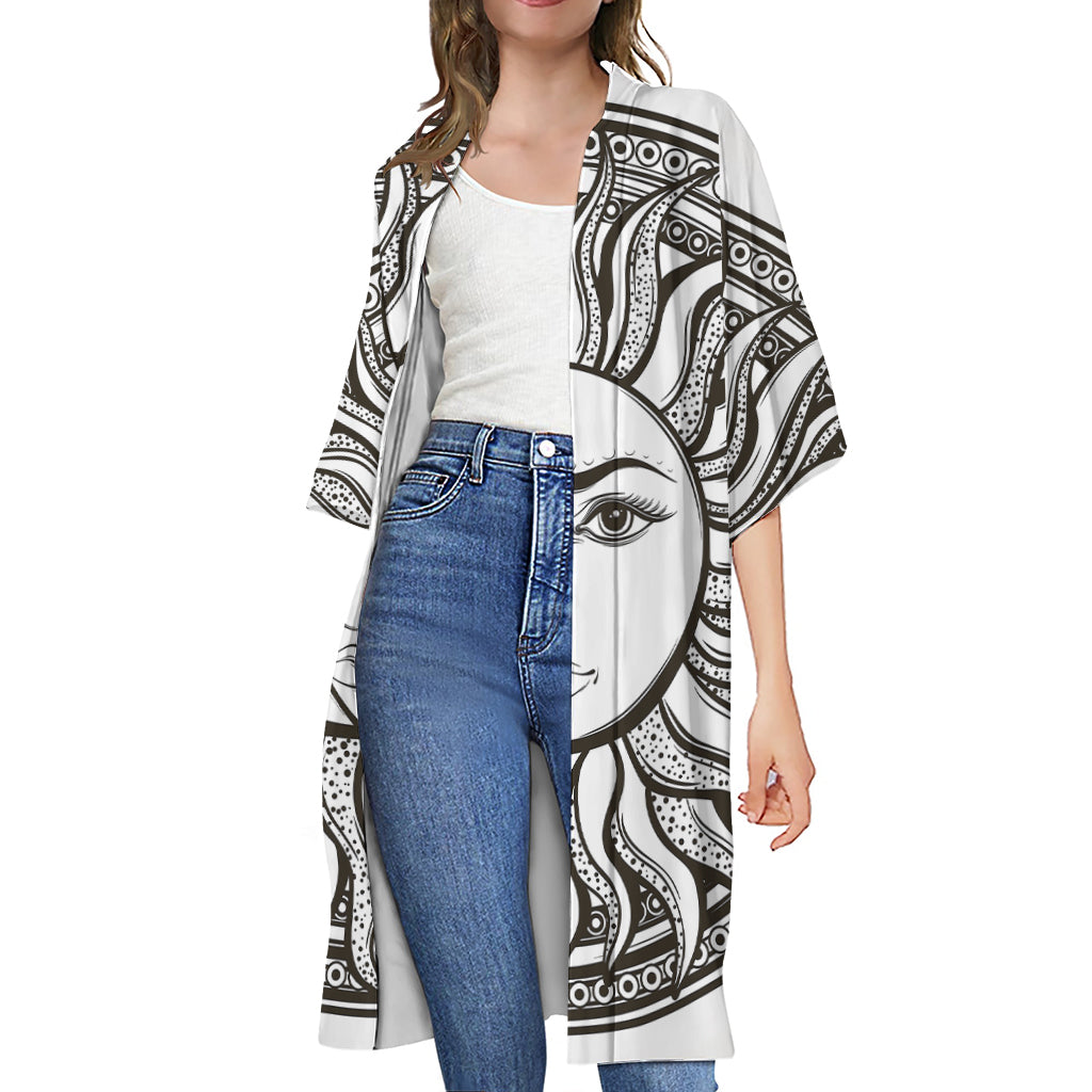 Bohemian Celestial Sun And Moon Print Open Front Beach Cover Up