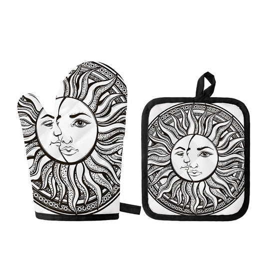 Bohemian Celestial Sun And Moon Print Oven Mitt And Pot Holder Set