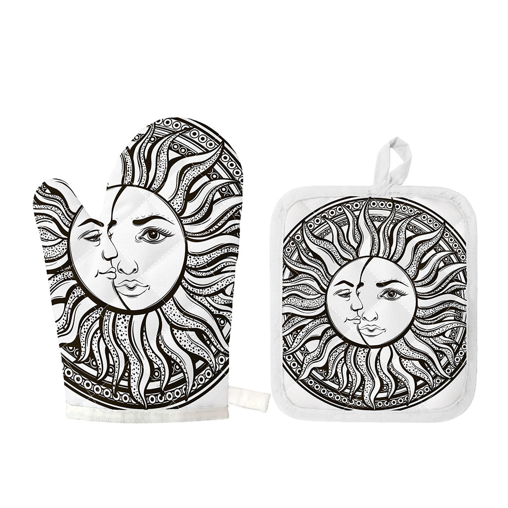 Bohemian Celestial Sun And Moon Print Oven Mitt And Pot Holder Set